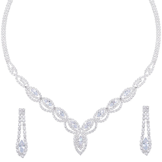 Tucnoeu Bride Silver Necklace Earrings Set Women Rhinestone Crystal Wedding Bridal Choker Rhinestone Choker Necklace for Brides Bridesmaid Prom Costume Accessories