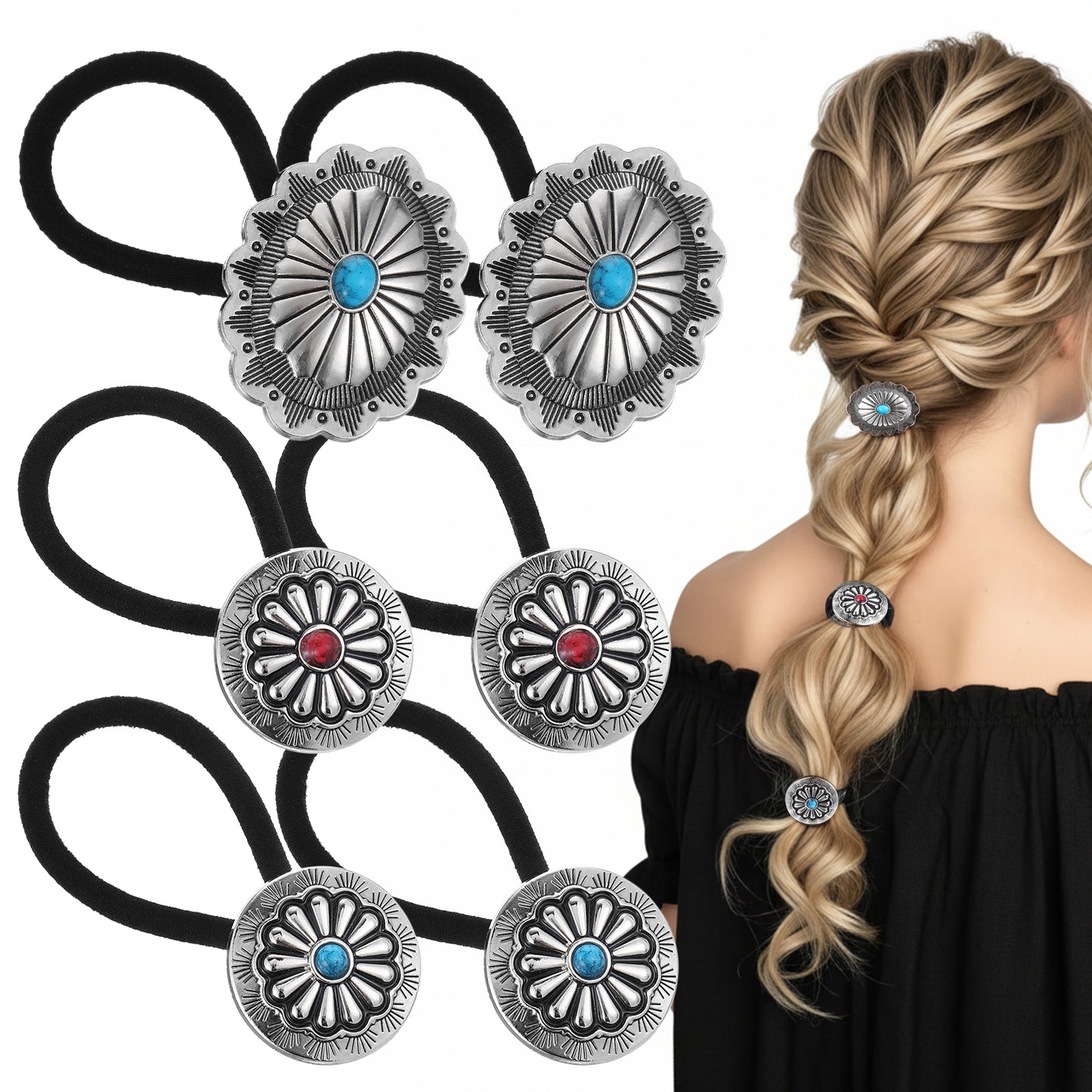 6 Pcs Western Ponytail Holders Metal Boho Hair Ties Vintage Flower Circular Hair Bands Turquoise Concho Squash Blossom Western Hair Accessories