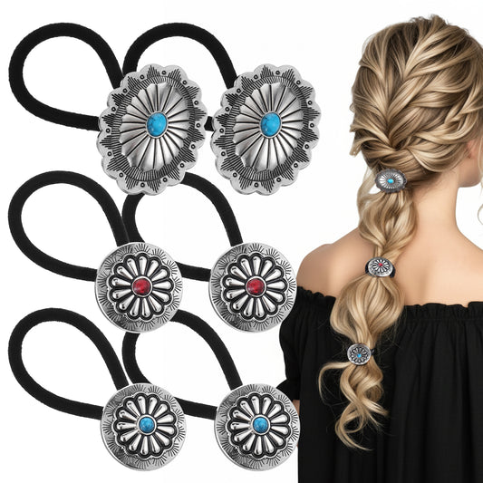 6 Pcs Western Ponytail Holders Metal Boho Hair Ties Vintage Flower Circular Hair Bands Turquoise Concho Squash Blossom Western Hair Accessories