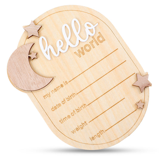 Baby Name Announcement Sign 6.3 Inch Wooden Hello World Newborn Welcome Sign Moon And Stars Baby Welcome Signs Baby Birth Announcement Signs Baby Name Plaque for Photo Props Baby Shower Hospital
