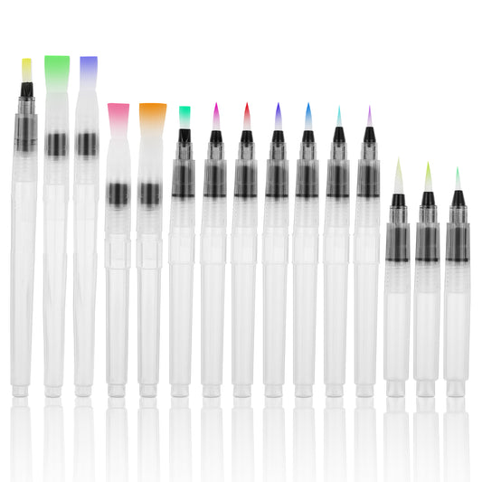 Watercolor Brush Pens,15 Pcs Refillable Water Color Pens with Leak-Proof Sponge, Water Paint Brush with Soft Nylon Tip, Watercolor Accessories for Beginners Artist Practical Gift