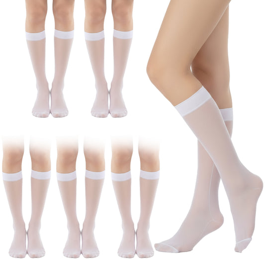 Neyauo Women Sheer Knee High Stockings, 6 Pairs, 20 Denier, One Size, White, Nylon Spandex Material
