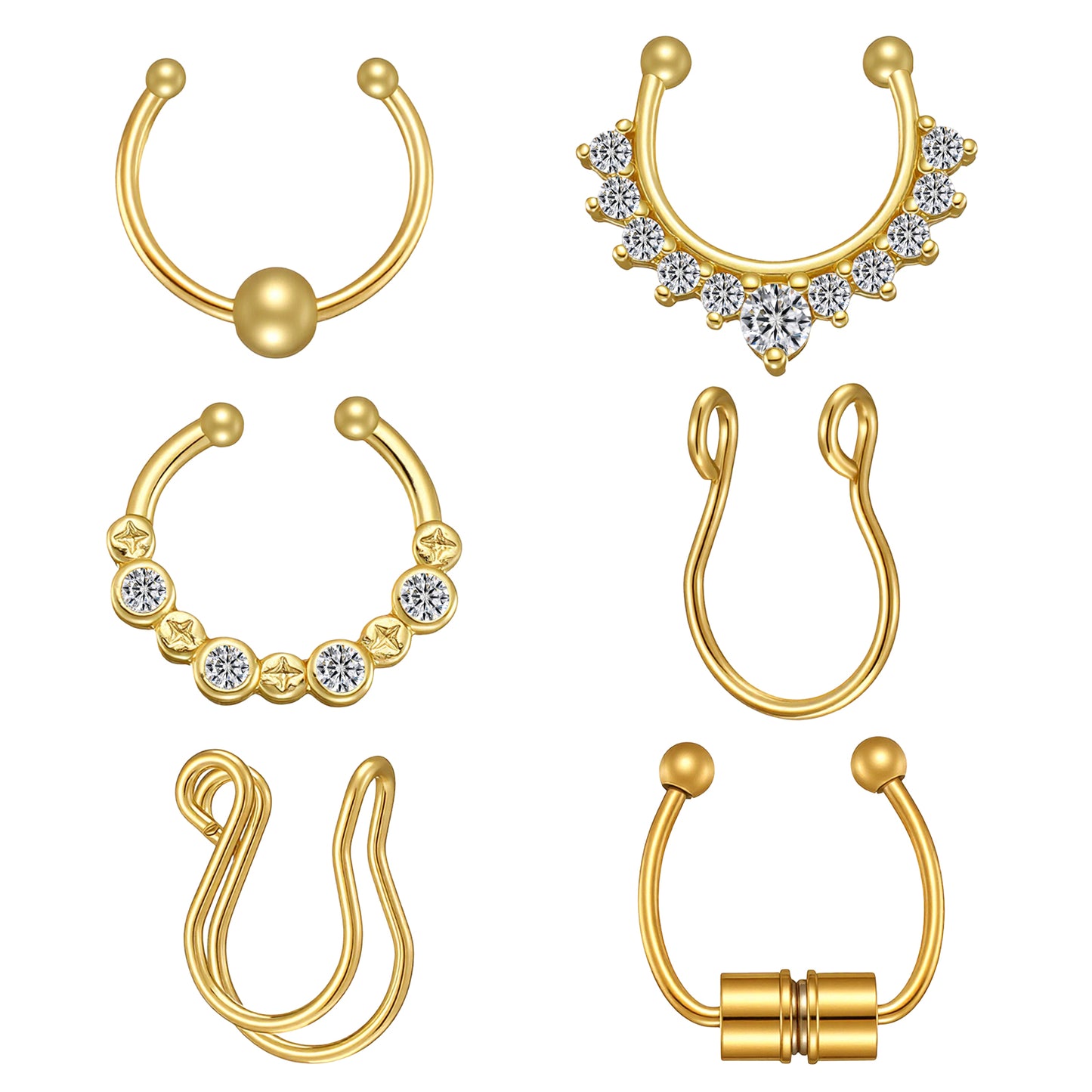 Yolev 6PCS Gold Fake Nose Ring,Magnetic Septum Ring,Stainless Steel Fake Piercing Clip on Nose Rings Faux Piercing Jewellery for Women Men