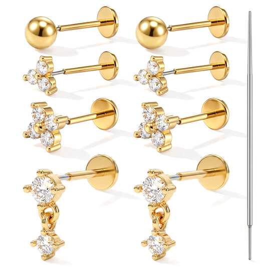 9pcs threadless earrings 20G 18G 16G - 18K Gold Plated tragus piercing jewelry Push In threadless nose stud - 316L Surgical Steel with CZ Cartilage Helix Conch Tragus Lip Labret Piercing Jewelry