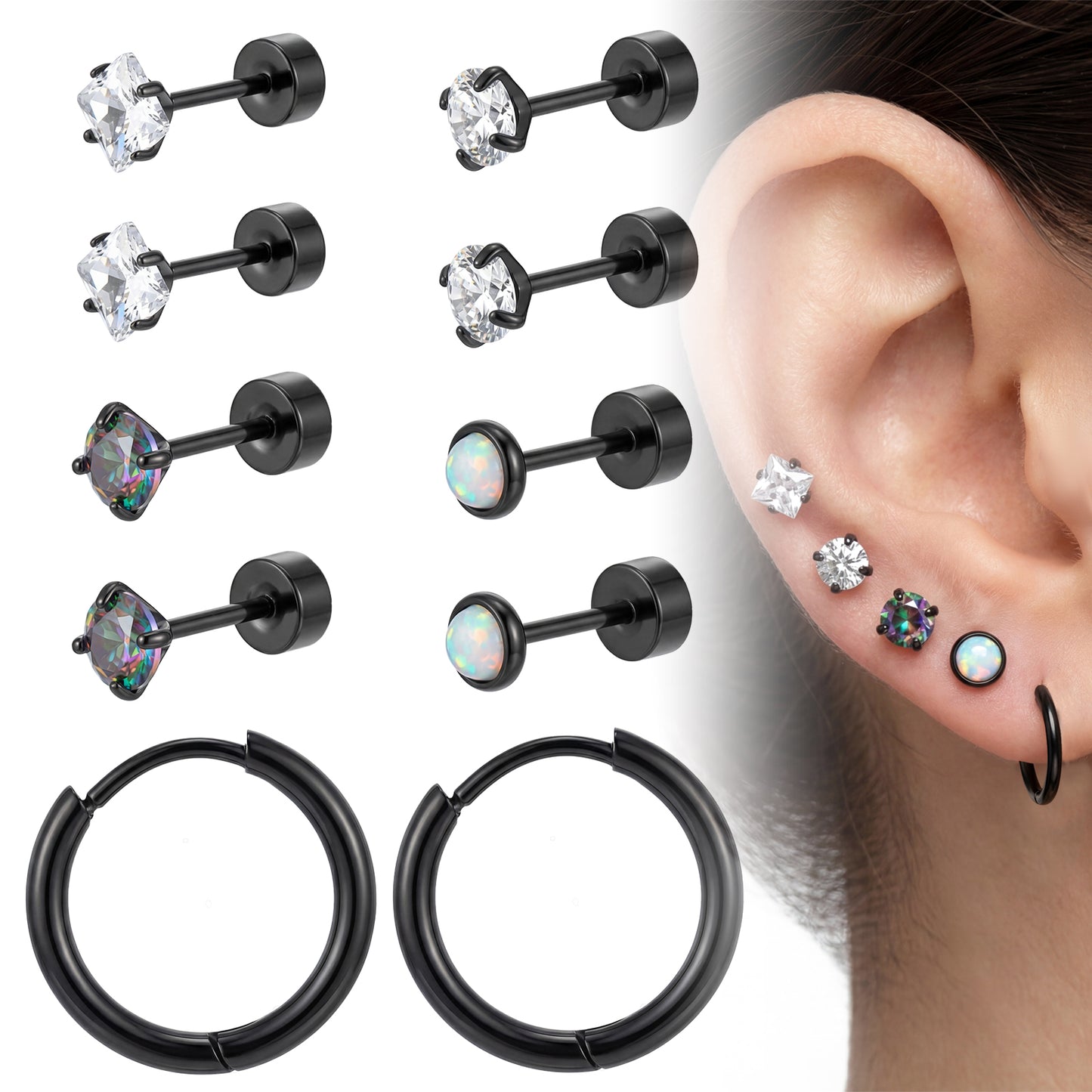 7Pairs 20G Black Stud Hoop Earrings Set, Cubic Zirconia Flat Back Studs, Trendy Screw on Earrings Stack Stainless Steel, Small Cartilage Huggie Hoop Earring for Women Men