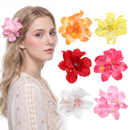 6pcs Hawaiian Flower Hair Clips, Hawaiian Tropical Flower Hair Clip Artificial Bohemia Hibiscus Flower Hair Clip for Women Girl Beach Vacation Party Hair Bobby Pins Bridal Accessories