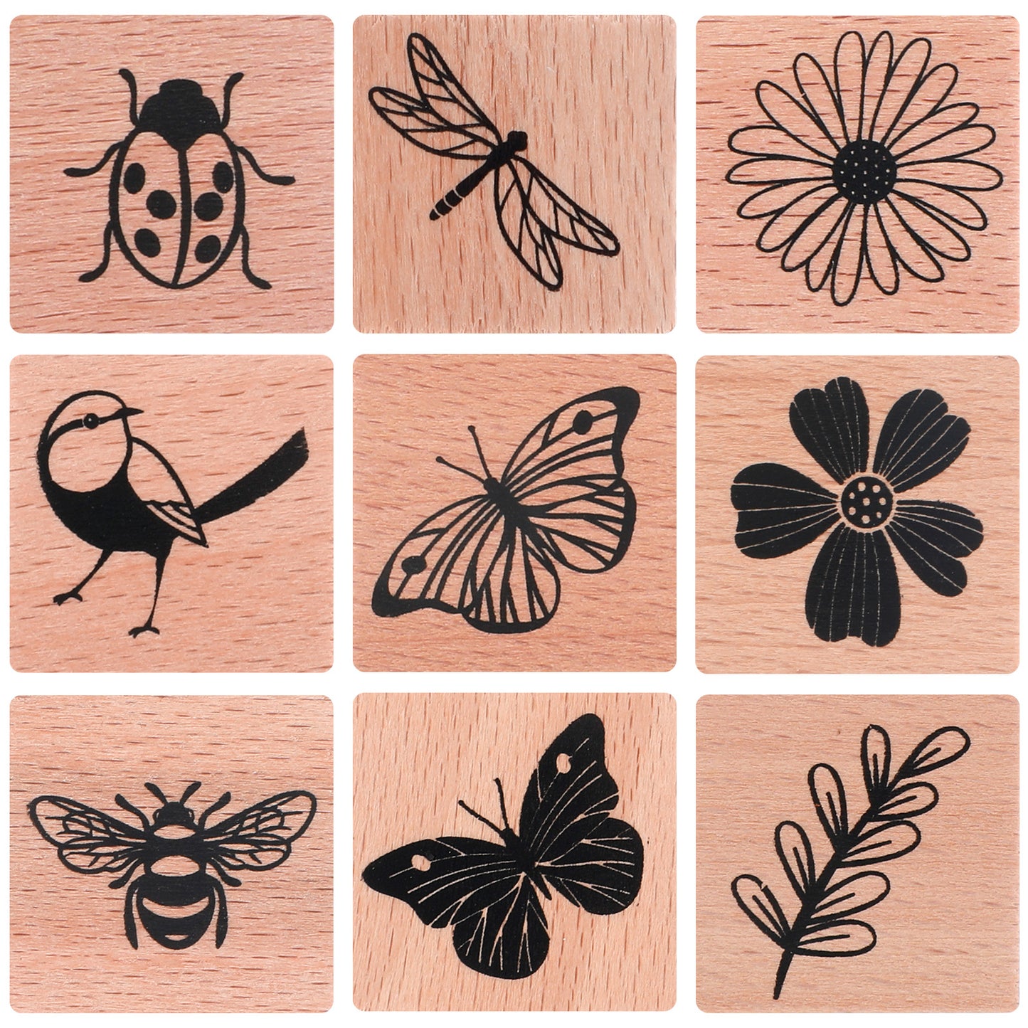 9pcs Vintage Wooden Rubber Stamps for Crafting, Flower, Butterfly, Dragonfly, Bee, Bird and Ladybug Scrapbooking Stamp, Wooden Stamps for Scrapbook, Stationery, DIY Art and Craft Journal