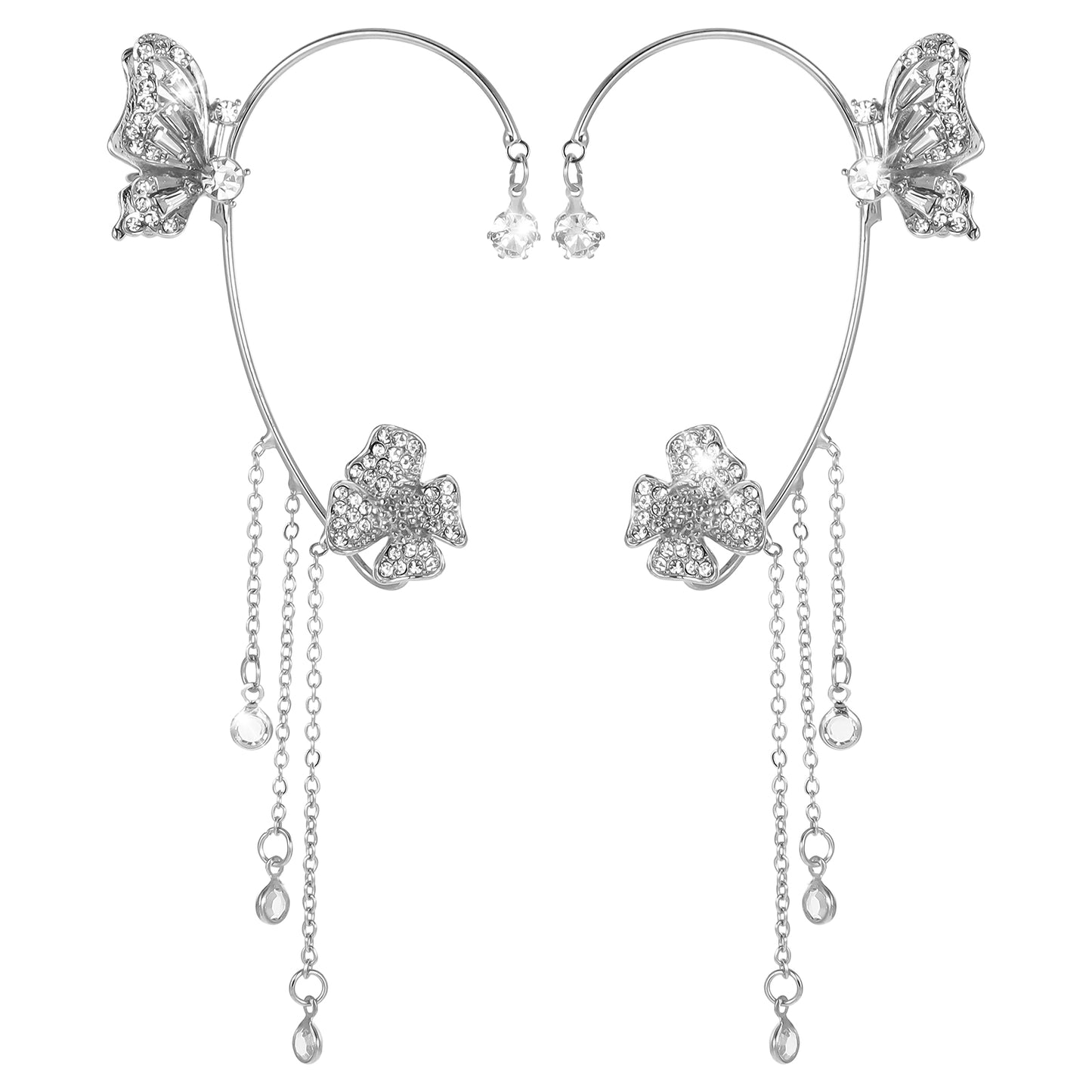 Butterfly Ear Cuff Glitter Zircon Earrings for Women No Piercing Ear Clip Wrap Around Rhinestone Earrings for Wedding Party Christmas Accessories(Silver)