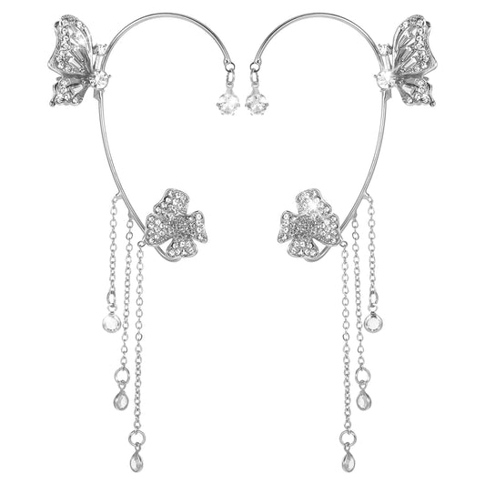 Butterfly Ear Cuff Glitter Zircon Earrings for Women No Piercing Ear Clip Wrap Around Rhinestone Earrings for Wedding Party Christmas Accessories(Silver)