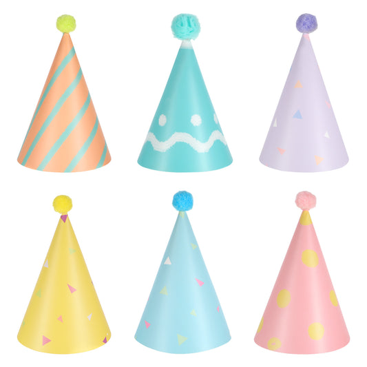 Tucnoeu 6pcs Birthday Hats for Dog and Cat, Colorful Mini Party Hat, Adjustable Pet Birthday Hat with Pom Poms for Small Animals, Rainbow Paper Hats for Birthdays and Celebrations