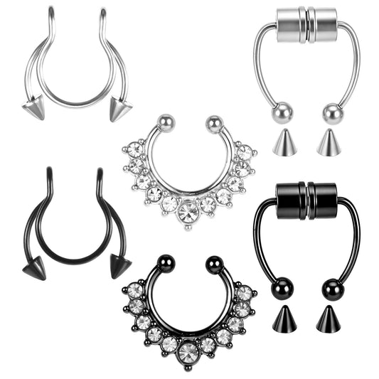 6Pcs Silver Nose Ring Stainless Steel Nose Rings for Women Fake Nose Piercing Fake Piercings No Pierced Jewellery Hoop Circular Lip Nose Jewellery for Women Men(Sliver,Black)
