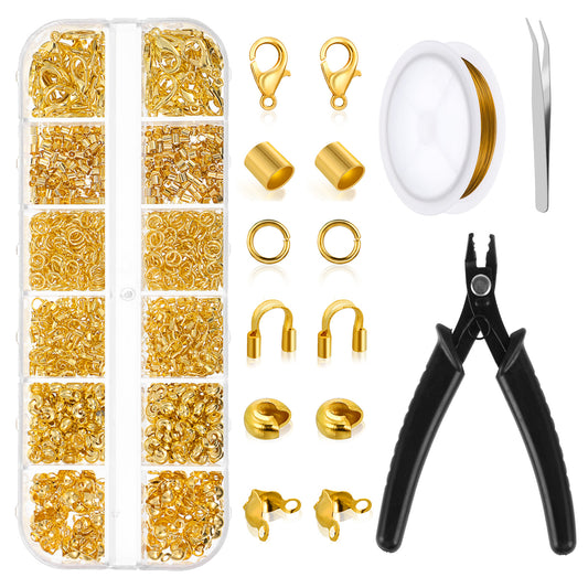 DIVINA VITAE Crimp Bead Kit for Jewelry Making - 1200 Pcs Crimp Beads, Crimps Caps, Crimps Tubes and Wire Guards, Lobster Clasps, Jump Rings, Pliers Wire for Jewelry Making(Gold)