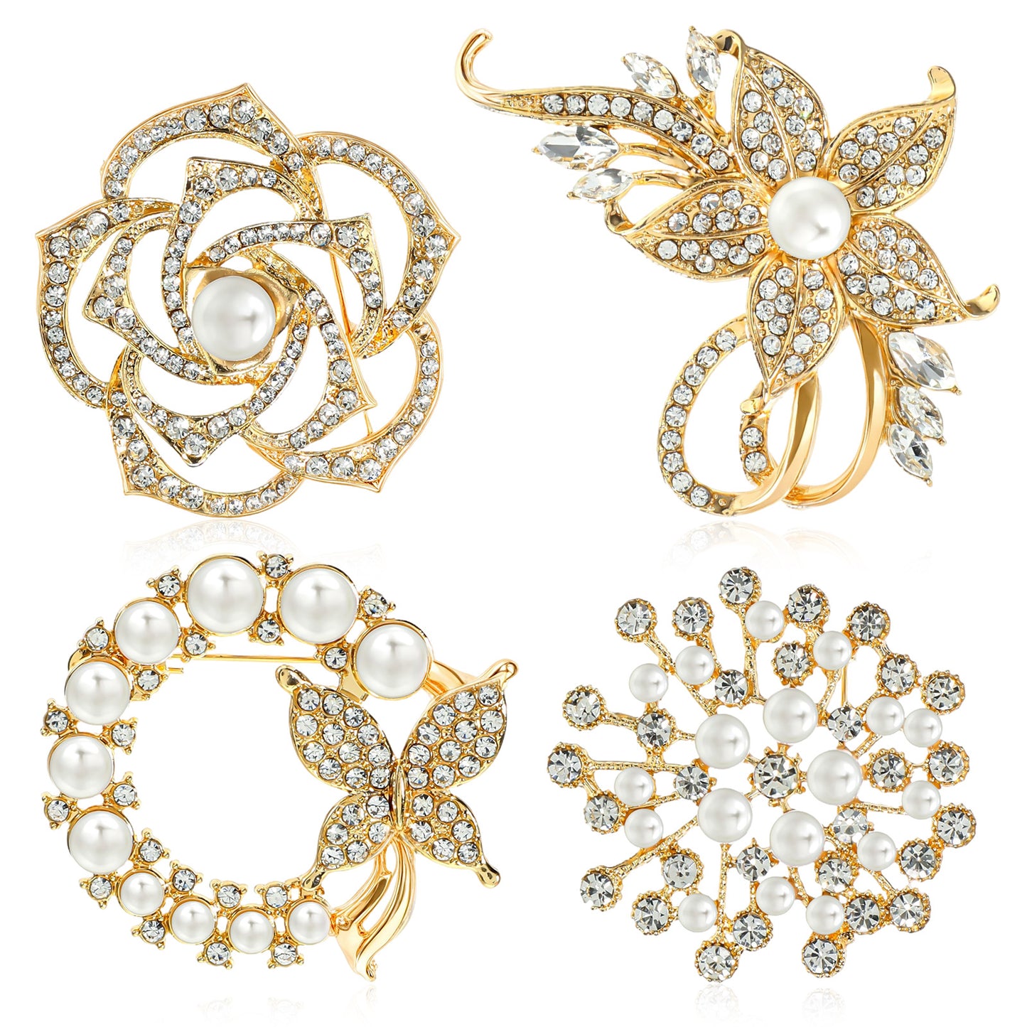 Pack of 4 Gold Brooch Women's Crystal Pearl Flower Brooches with Rhinestones and Pearls Elegant Golden Garland Brooches Pin Vintage Brooch Clip for Scarf Coat Clothing Dresses