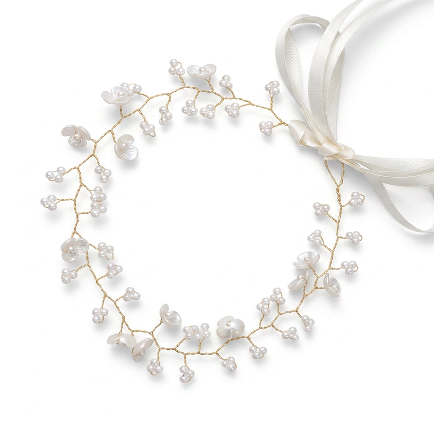 Flower Girl Headband, Flower Girl Hair Accessory for Wedding, Handmade Gold Hair Accessories, Bridal Pearl Headpiece Wedding Princess Headband White Flowers Pearl Hairs Dress for Bride