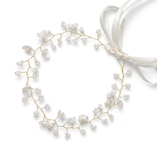 Flower Girl Headband, Flower Girl Hair Accessory for Wedding, Handmade Gold Hair Accessories, Bridal Pearl Headpiece Wedding Princess Headband White Flowers Pearl Hairs Dress for Bride