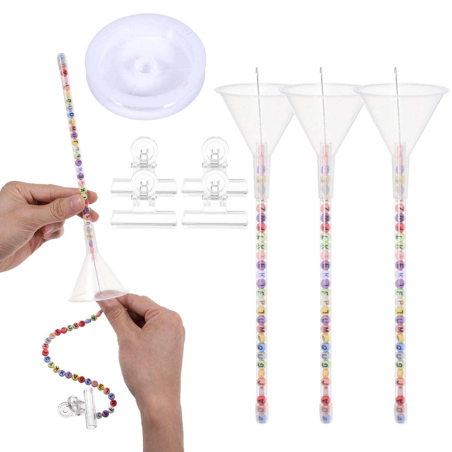 Lusofie 4-Pack Clay Beads Bracelet Making Kit, Beading Funnel Tools for Clay Beads Bracelet Necklace Making with Funnel Tube, Wire Needle, Crystal Wire, Clip, Plug