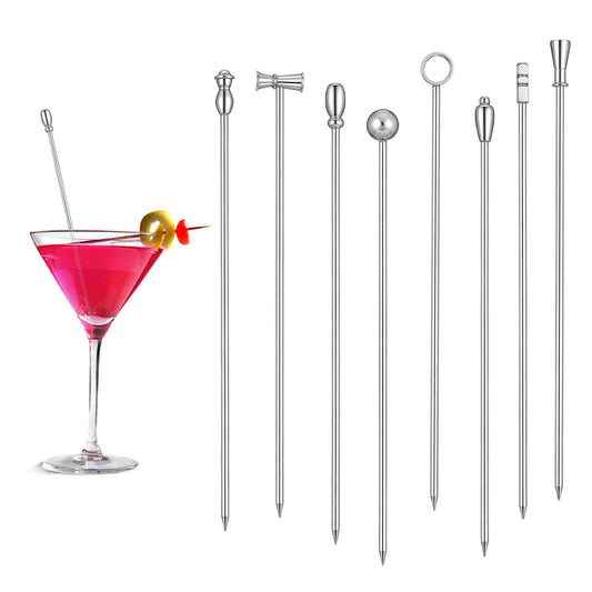 8PCS Martini Picks with Plastic Box, Stainless Steel Metal Cocktail Picks, 4.25 in Reusable Cocktail Pick Metal, for Cocktails Garnishes, Olives, Bar Gifts.