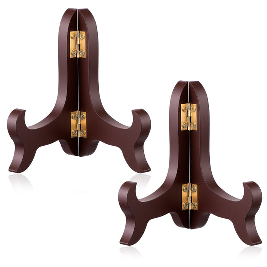 Fiyooau 2 Pcs Wooden Plate Stands for Display, 4" Folding Easel Plate Holder Stand, Vintage Brown Picture Frame Stand, Small Decorative Book Stands for Display Picture Frame Book Dish Artwork Easels
