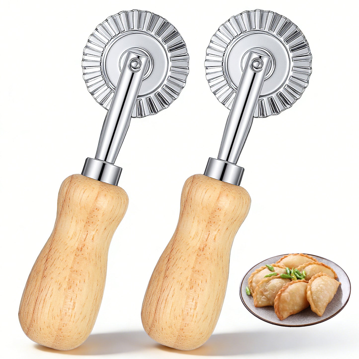 2 Pcs Pasta Cutter Wheel, Stainless Steel Fluted Pastry Wheel with Wooden Handle, Ravioli Crimper & Pizza/Pie/Dumpling Cutter for Making Noodles, Lasagna, Cookies - Sharp, Durable Kitchen Baking Tool