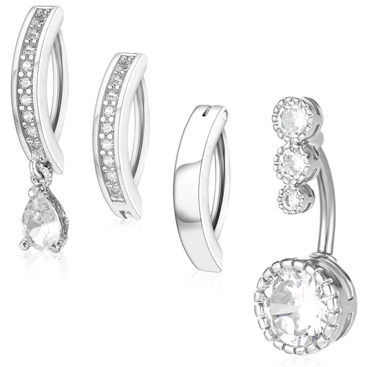 Yolev 4 Pcs Belly Button Ring for Women 14G Short Opal Navel Rings Clicker Belly Button Ring Bar Piercing Surgical Steel Cute Belly CZ Reverse Navel Rings Dangle Body Belly Piercing Jewelry(Silver)