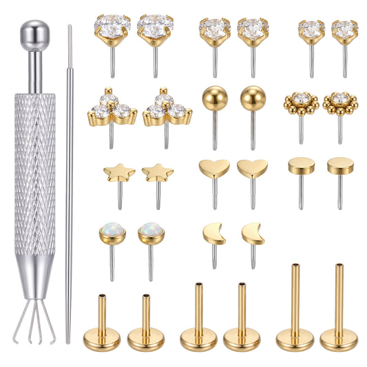 Tucnoeu 12 Pairs Nose Studs Flat Back, 18G Tragus Earrings for Women Gold, 6/8/10mm Flat Piercing Jewelry Set with Piercing Taper Ball Grabber Tool and Insertion Pin