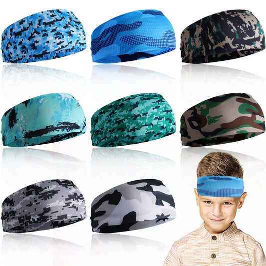 8Pcs Boys Headbands for Sports Elastic Kids Sweatbands Breathable Soccer Headbands for Boys Youth Sweat Absorbing Hairband Camouflage Style