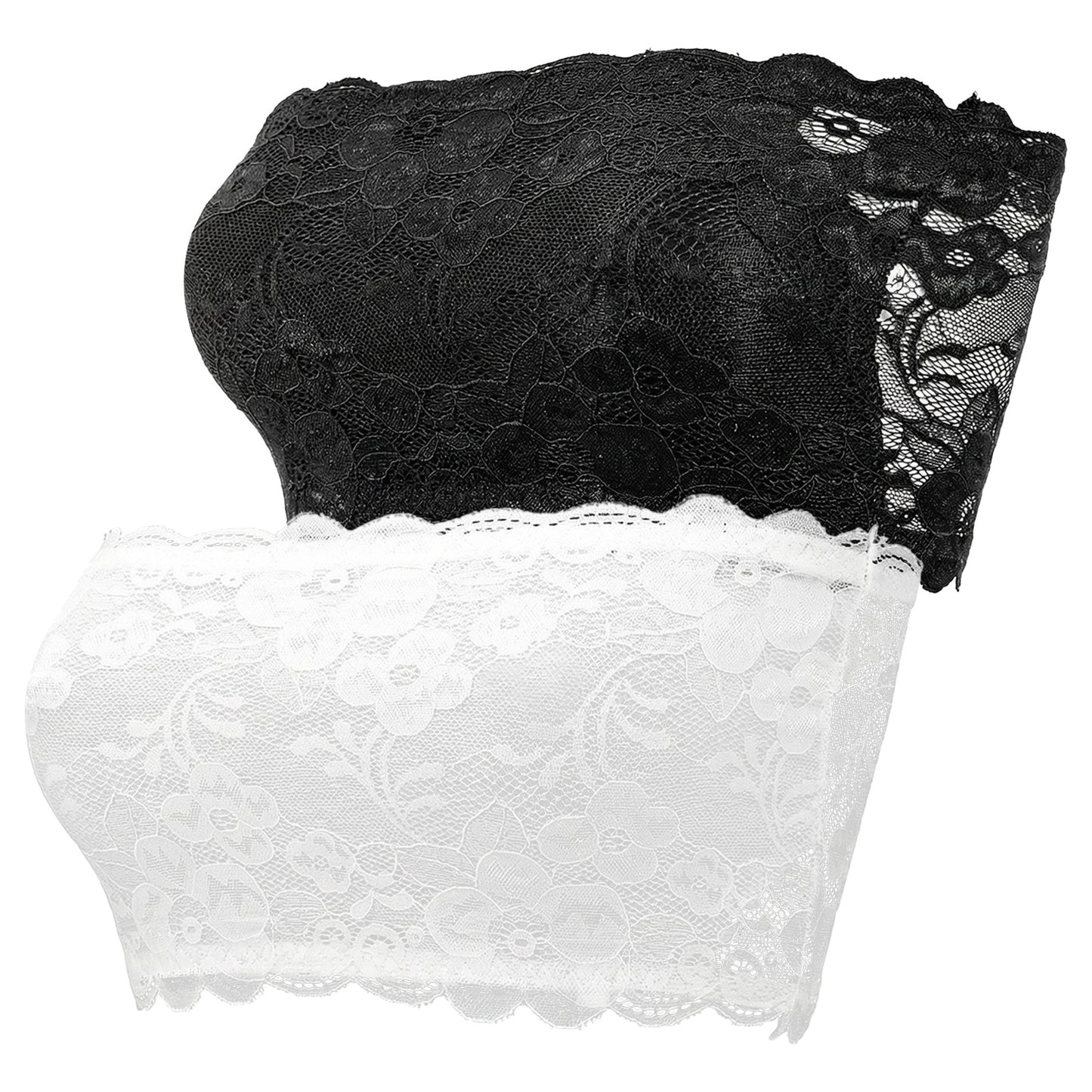 HekouJiub Lace Tube Top, 2Pcs Strapless Lace Bandeau, Seamless Bandeau Bralette for Low Neckline Cleavage Cover - Unlined (White, Black)