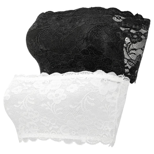 HekouJiub Lace Tube Top, 2Pcs Strapless Lace Bandeau, Seamless Bandeau Bralette for Low Neckline Cleavage Cover - Unlined (White, Black)