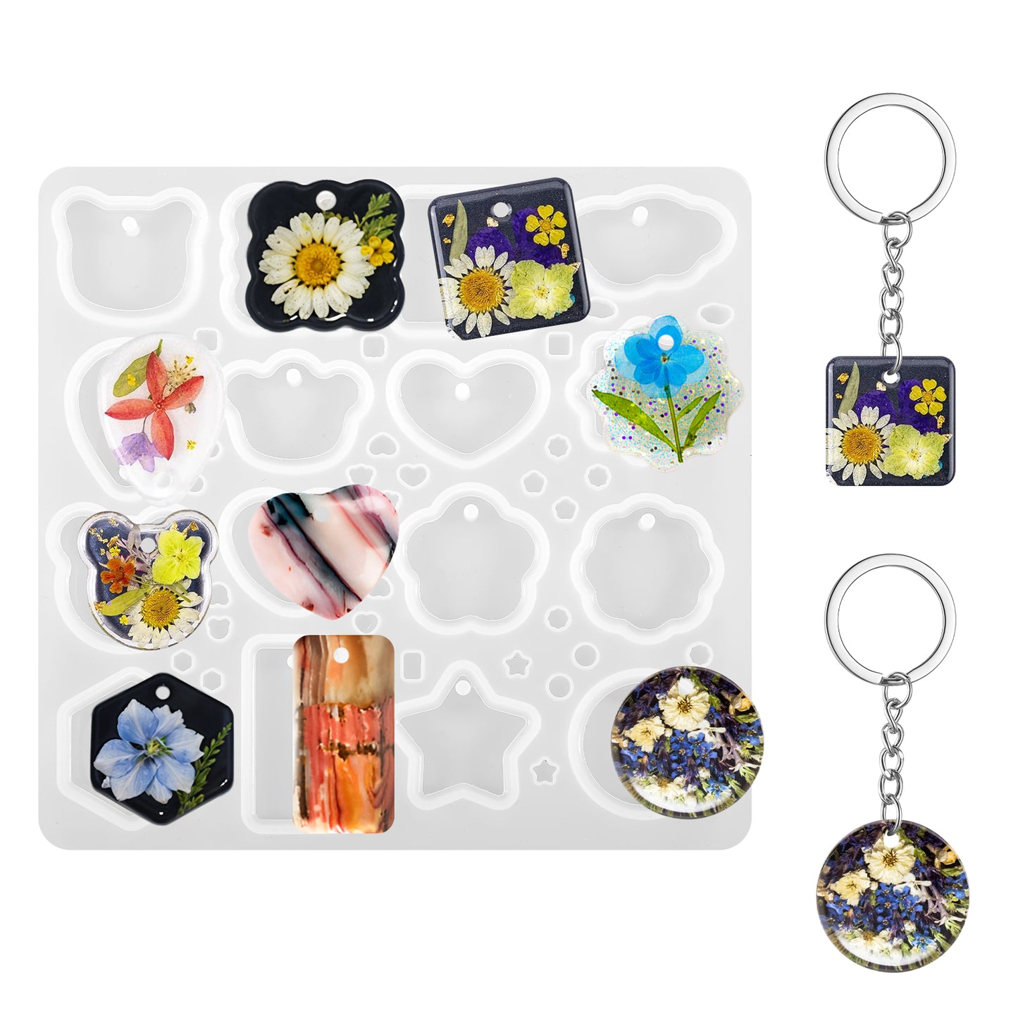 Lusofie 16 Cavities Keychain Resin Molds Uv Resin Molds Multipurpose Resin Molds Silicone with Hole Pendant Resin Silicone Mold for Keychain Jewelry Earring Pendant Making(7.67 x 7.48 Inch)