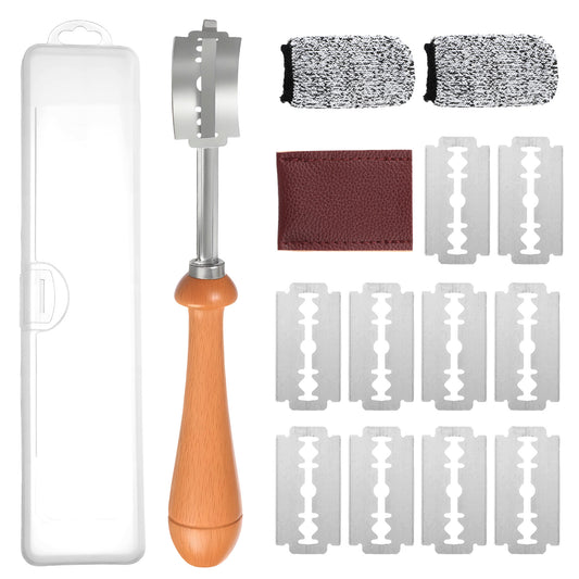 Tucnoeu Bread Lame Sourdough Scoring Tool with 10 Stainless Steel Razor Blades, Finger Sleeves and Protective Cover, Lame Bread Tool for French Baguttes & Homemade Bread