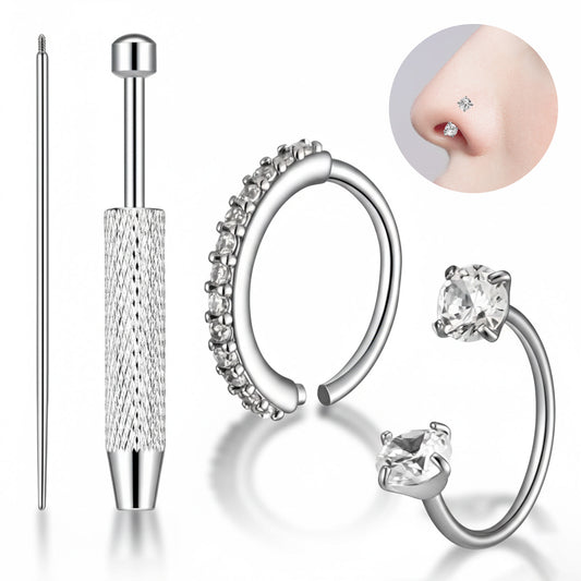 Yolev Nose Rings Hoops Set Surgical Steel Nose Hoops with Gems Silver Nose Ring Tool Jewelry Ball Grabber 20g Horseshoe Nose Ring Piercing Jewelry For Women Men