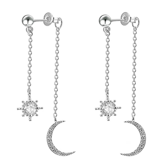 925 Sterling Silver Earrings, Shiny Star and Moon Dangle Drop Earrings, 1.97 Inch Moon Star Earrings Dangle for Christmas, Valentine's Day Wedding Anniversary party Birthday Party