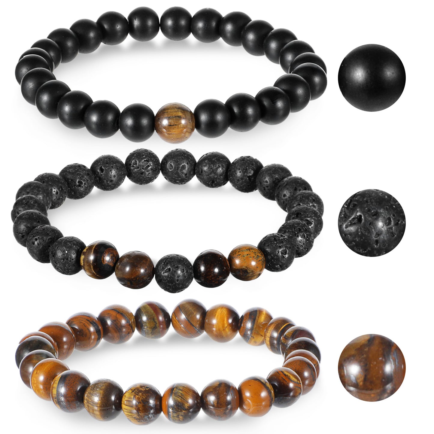 HaiFafafaing 3 Pcs Mens Natural Stone Beaded Bracelets, Adjustable Stretch Tiger Eye Lava Rock 8mm Beads For Daily Wear