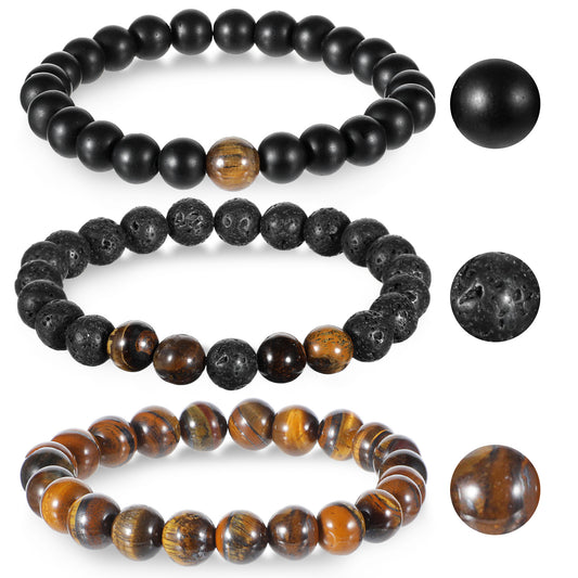 HaiFafafaing 3 Pcs Mens Natural Stone Beaded Bracelets, Adjustable Stretch Tiger Eye Lava Rock 8mm Beads For Daily Wear