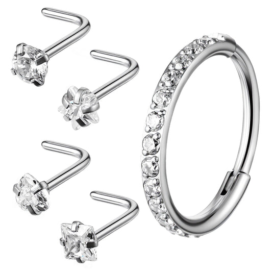 Josojoou 5 PCS Surgical Steel Nose Ring & Stud Set - Nose Piercing Jewellery, L-Shape Studs & Septum Ring, Tragus/Helix Earrings for Sensitive Skin