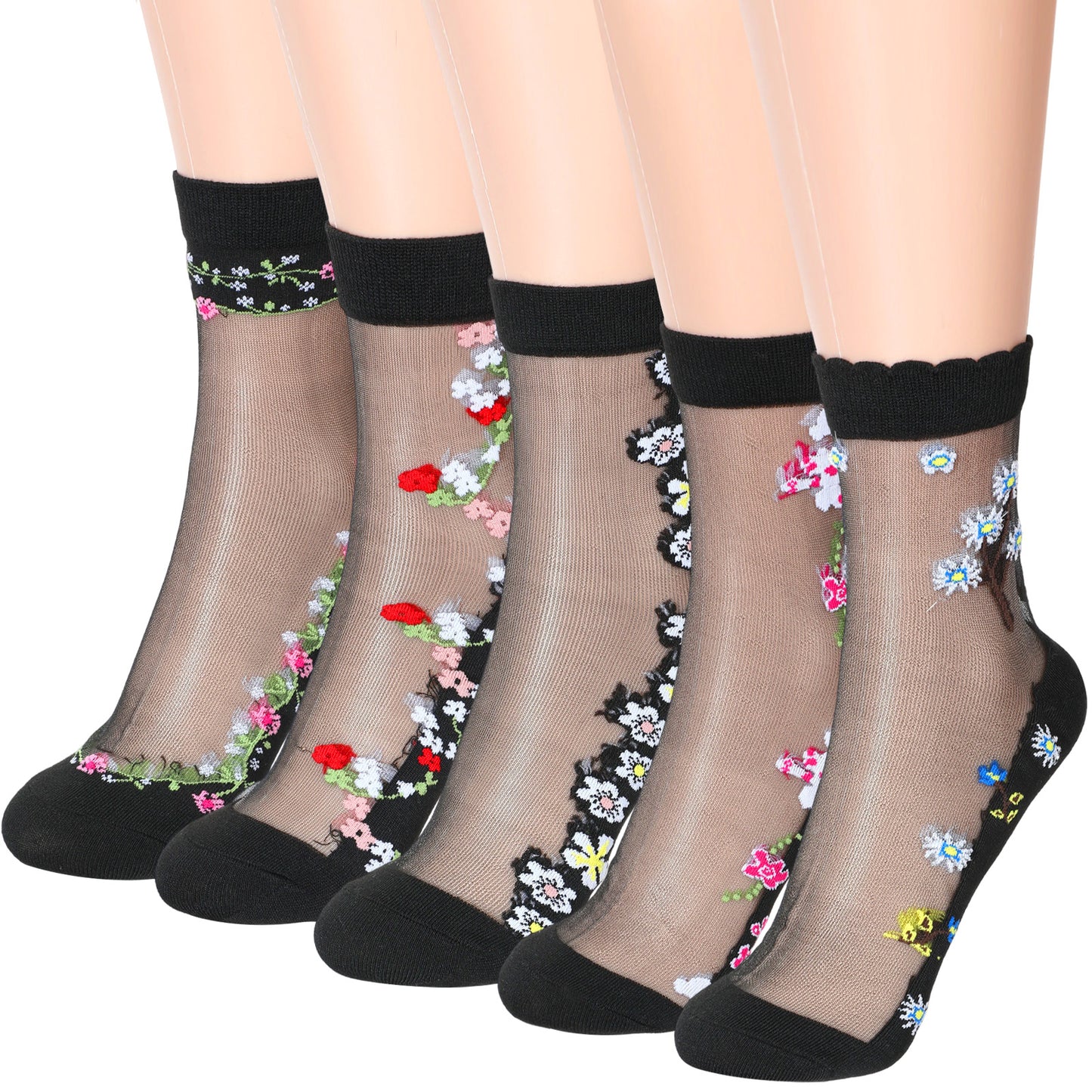 Neyauo Women's Sheer Mesh Transparent Socks, Ultrathin Lace Fishnet See Through Ankle Socks, Floral Pattern, Cotton Nylon Spandex Blend, One Size Fits Most, 5 Pairs