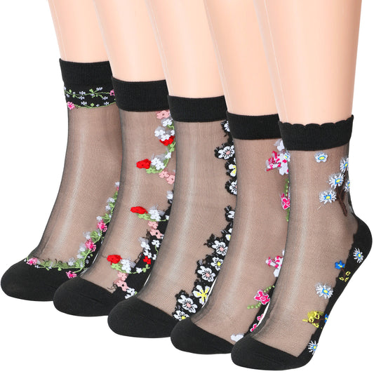 Neyauo Women's Sheer Mesh Transparent Socks, Ultrathin Lace Fishnet See Through Ankle Socks, Floral Pattern, Cotton Nylon Spandex Blend, One Size Fits Most, 5 Pairs