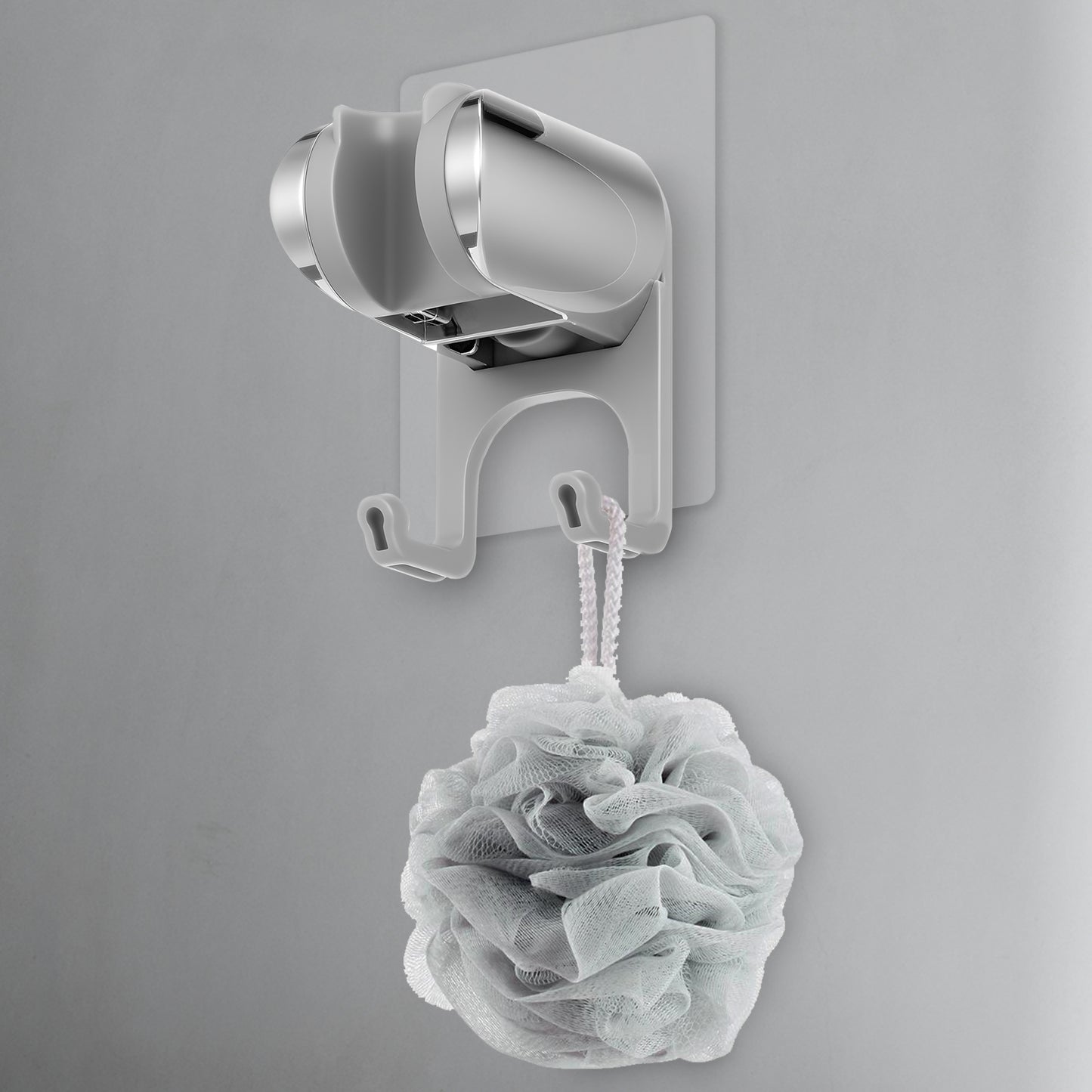 Handheld Shower Head Holder with 2 Hanger Hooks, Strong Adhesive Shower Wand Holder No Drilling Adjustable Showerhead Holders Wall Mount for Bathroom RV (‎Chrome, 1 Pack)