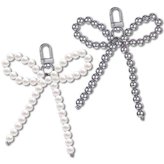 Lusofie Pearl Bow Keychain, Silver Bag Charm, Y2K Accessories, Bag Accessories Charms, 2pcs Beaded Bow Keychain for Car Keys, Purse, Backpack, Phone Charms (Silver, White)