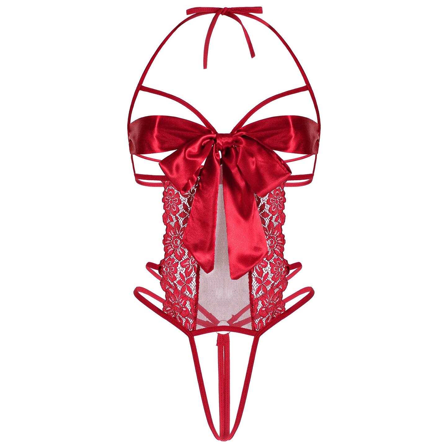 Telooco One Piece Lingerie for Women Lace Teddy Bodysuit Unwrap Me Bow Tie Cutout Strappy Sexy Lingerie Set (Wine Red)