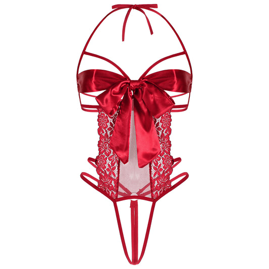 Telooco One Piece Lingerie for Women Lace Teddy Bodysuit Unwrap Me Bow Tie Cutout Strappy Sexy Lingerie Set (Wine Red)