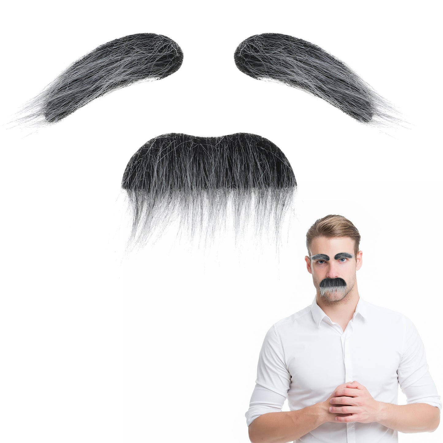 HaiFafafaing 2 Pcs Fake Mustache and Eyebrows Fake Beard Costume Old Man Mustache Self Adhesive Stick on Moustache Party Cosplay(Grey)