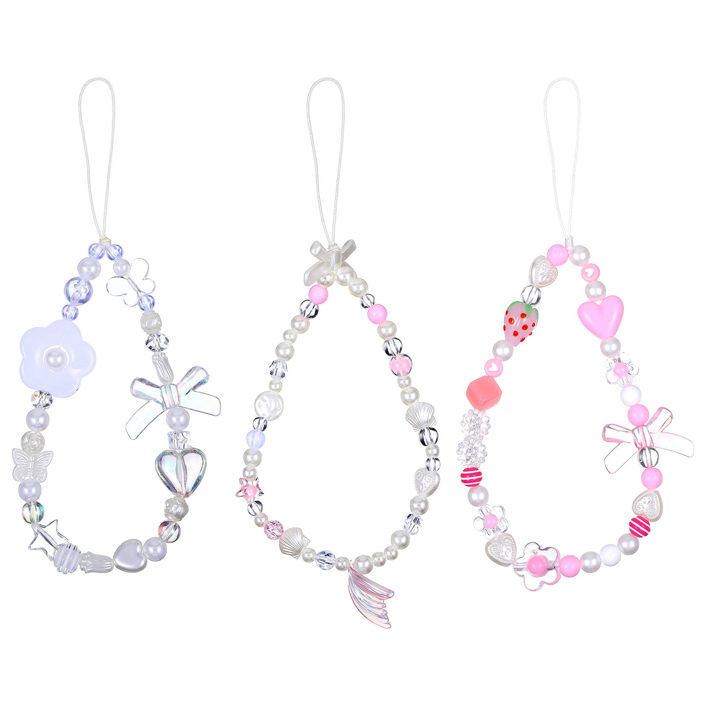 Neyauo 3 PCS Phone Charms Strap, Aesthetic Y2K Phone Charm, Beaded Camera Wrist Strap, Cute Digital Camera Charm Straps for Women Girls Charms Bag Key Cameras Wallet Accessories(White, Pink)