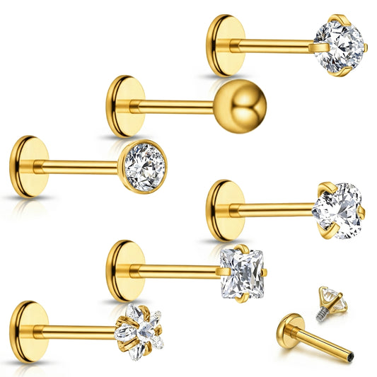 HaiFafafaing 6 pcs Spiral Tragus Piercing Jewellery, Labret Piercing Jewellery, Stainless Steel Labret Studs with Zirconia for Tragus Stud, Flat Back Nose Stud 8mm(Gold)
