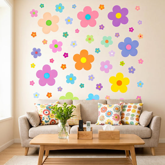 63Pcs Floral Wall Decals Large Daisy Wall Sticker Colorful Vinyl Wall Decals Peel and Stick Y2k Flower Decals for Walls Nursery Bedroom Decor (9 Sheets, Bright Colors)