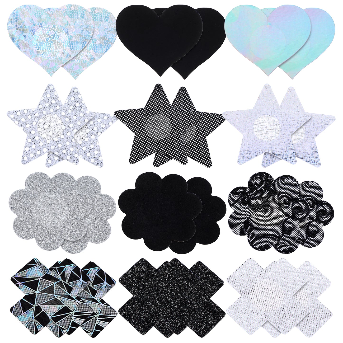 Telooco 12 Pairs Glitter Pasties Rave Nipple Covers Stickers for Women Heart Shape X Pasties Disposable Sticky Breast