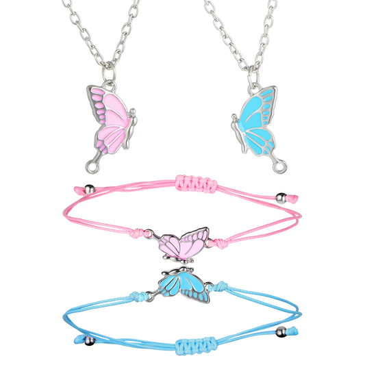 Telooco 4Pcs Butterfly Pendant Best Friend Bracelet Best Friend Necklace Set, Enamel Mutual Attraction Magnetic Bff Bracelets Friendship Necklace for 2, Halloween Jewelry Party Birthday Gift for Girls
