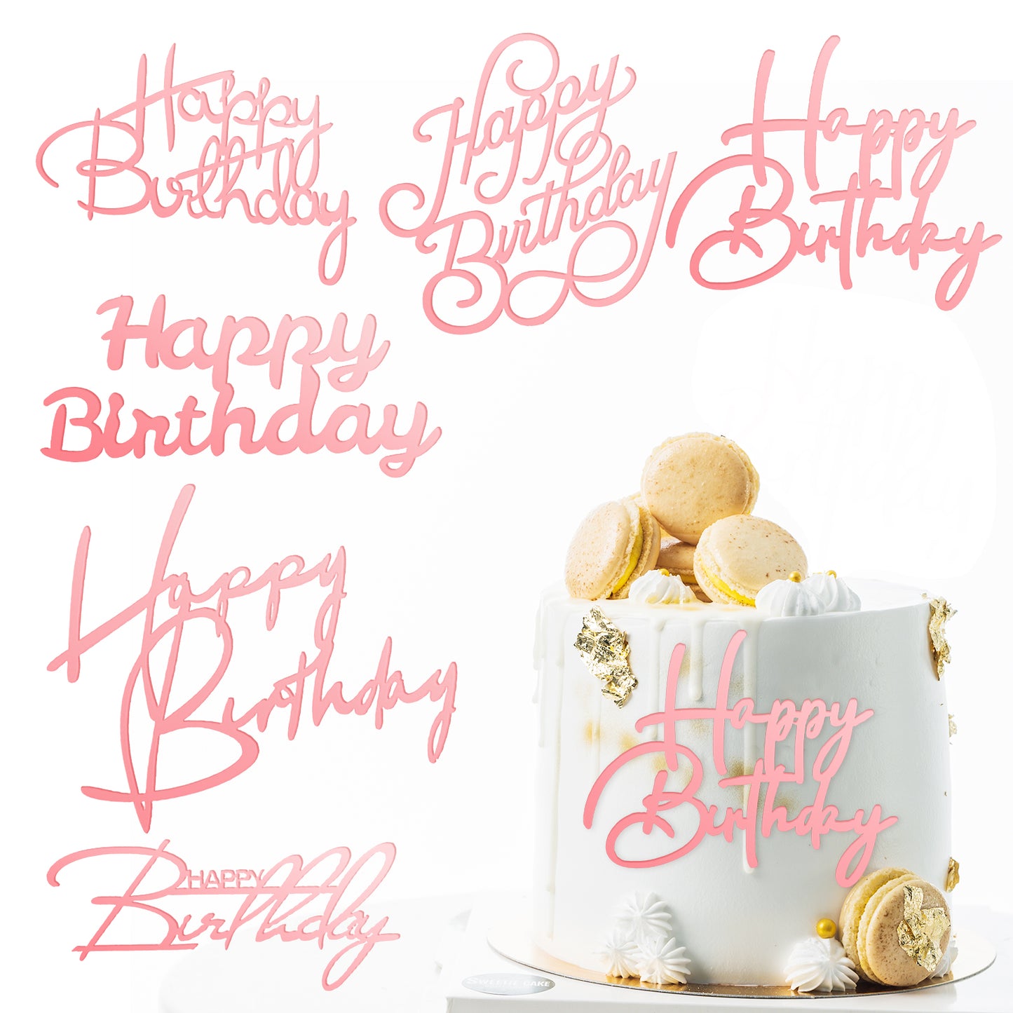 6 Pcs Rose Gold Happy Birthday Cake Topper Side Mirror Acrylic Cake Topper Happy Birthday Cake Sign Decorations Rose Gold Cake Inserts Cake Decor Supplies Cupcake Toppers for Birthday Party Cake