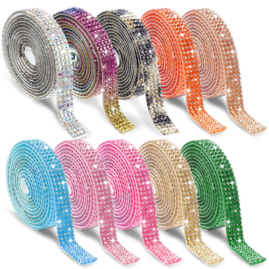 10 Rolls Crystal Rhinestone Ribbon Self Adhesive Rhinestone Strips 1 Yard Sparkling Rhinestone Tape Assorted Colors Diamond Ribbon Roll for DIY Phone Car Rhinestone Party Decor (Colors-3)