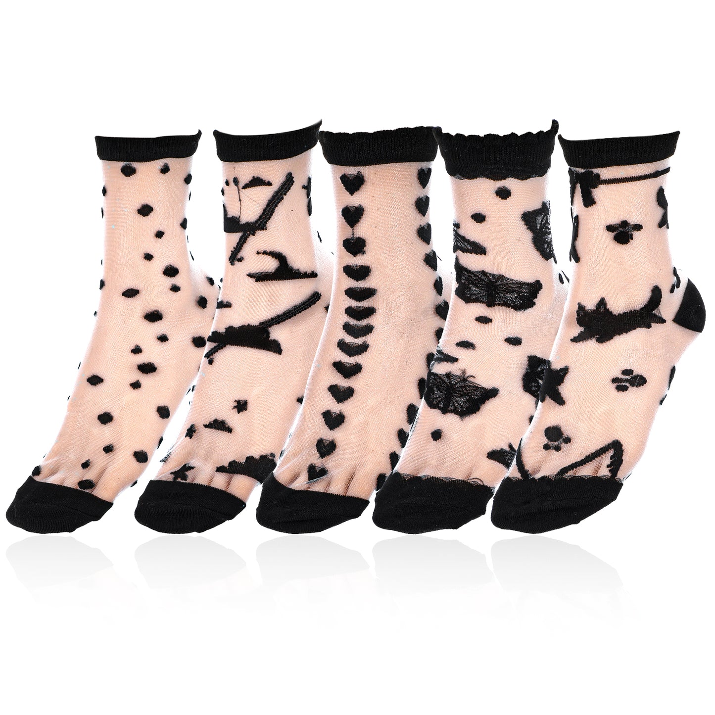 Lusofie 5 Pairs Sheer Socks Black See Through Socks Checkered Dot Striped Plaid Ankle Summer Socks for Women Thin Fashion (Style F)